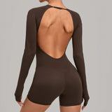 Women's Yoga Jumpsuits Sports Fitness Hip-lifting Long-sleeved Backless Running Training Workout Gym Shorts One-piece Bodysuits