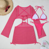 Women micro mini halter bikinis sets 3pcs with knitted long sleeve hollow out mini dress swimsuit bathing suit beach outfits