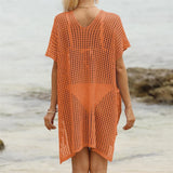 Short Sleeve V Neck Hollow Out Crochet Knitted Tunic Beach Dress Beach Wear Beachwear Beach Cover Up Cover-upsFemale Women V8061