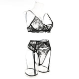 Embroidery Lingerie 3Pcs Sets Ultrathin Mesh Patchwork See Through Bras And Thongs Garter Suits Erotic Intimate Sexy Underwear
