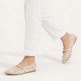 2026 Big size 42 Chic Nude Beading Flat Mary Janes Shoes Women Leisure Mesh Pearls Embroidery Comfy Walk Ballet Flats Shoes