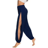 Hip Hop Style Yoga Dance Pants Women Harem Pants High Waist Side Slit Design Wide Leg Casual Trousers Solid Color