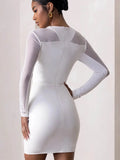 Ahagaga Fashion Mesh Patchwork Sexy Mini Dresses Women Streetwear Regular Casual O-neck Slim Skinny Vestidos Robes Full Sleeve
