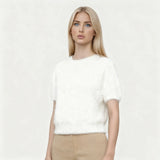 Women Spring Summer Soft Furry Sweater Solid Color Short Sleeve Round Neck Slim Fit Crop Tops