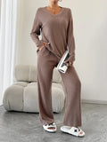 Autumn and Winter Casual V-neck Pocket Striped Knited Tops and Long Trousers Two-piece Sets, Women's Pajamas Set Sleepwear