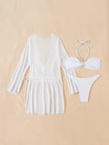 sexy white bandeau metal flower bikinis sets 3pcs with mesh long sleeve wrinkled tie mini dress swimsuit bathing suit biquini
