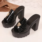 Black Chunky High Heeled Sandals Women Summer Plus Size 43 Peep Toe Platform Sandles Woman Pu Leather Thick Heel Slippers Female