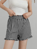 Women's Plaid Shorts Casual Loose Fitting Elastic Waist Shirred Ruffled Trim Short Pants Lounge Shorts