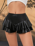 Women’s PU Leather Ruffle Shorts Elastic High Waist Skorts Summer Fashion Casual Loose Shorts Skirts Streetwear