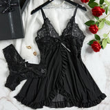 Sexy Lingerie Sleep Dress Women Nightdress Lace Sleepwear Solid Slim Soft V Neck Full Slip Dresses & Panties Set