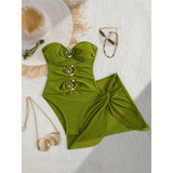 XS - L 6 Colors One Piece Swimsuit Female With Skirt Cut Out Women Swimwear Bandeau Metal Ring Bather Bathing Suit Swim V8108