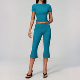 Yoga Set for Women High Waist Hip Lifting Tight Mid Pants Fitness Suit Short Sleeve O Neck Slimming Sports T Shirt Athletic Wear
