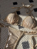 DEKA Sexy Brazilian Shiny Pearl Micro Bikini Faux Leather Swimwear Women Thong Swimsuit Halter Triangle Bikini Set Bathing Suit