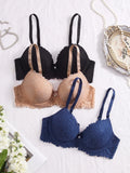 3Pcs Floral Lace Women's Underwear Set Daily Push-Up Bra Rhinestone Breathable Mesh Bra for Women