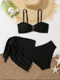 Sexy Black Beige Mesh Skirt 3 Piece Bikini Set 2025 Women Summer Metal U Wire Push Up Swimwear Bathing Suit Holiday Swimsuit