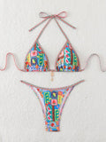Sexy Tropical Print Bikini Set 2025 Women Halter Push Up Bra Thong Swimsuit Summer Holiday Bathing Suit Micro Swimwear Biquini