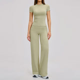 Yoga Set 2 Pieces Women's Tracksuit Short Sleeve O Neck Slim Sports T Shirts High Waist Flare Leggings Gym Running Fitness Suit