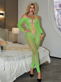 Long-sleeved Ripped Purple Charming Sexy Strapless Hollowed-out One-piece Mesh Outfit Transparent Off-the-shoulder Bodysuit 9UM7