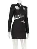 Ahagaga Sexy Club Women's Mini Dresses Solid Hollow Out V-Neck Regular Long Sleeves Sheath Bodycon Slim Fit Streetwear Vestidos