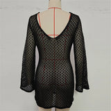V Neck Long Sleeve Hollow Out Crochet Knitted Tunic Beach Cover Up Cover-ups Beach Dress Beach Wear Beachwear Female Women V7643