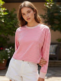 Spring Autumn Casual Loose Tops for Women Long Sleeve Round Neck Loose Fit Striped Print T-shirts