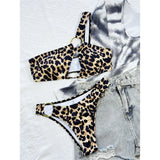 Leopard Printed One Shoulder Cut Out Bikini Female Swimsuit Women Swimwear Two-Pieces Bikini Set Bather Bathing Suit Swim V4429