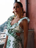 Vintage Flower Embroidery Summer Maxi Dress Women Bakless Tie Up Ruffles Long Beach Vestidos Sexy Tank Party Dresses Sundress