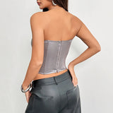 Sexy Black Lace Mesh Sheer Corset Top Spicy Girls Bandeau PU Leather Patchwork Fishbone Bustier See Through Rivet Club Camisole