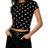 Summer Women's Cropped Tee Top Short Sleeve Round Neck Dot Pattern Slim Fitted T Shirt Streetwear