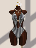 Vintage Black Striped One Piece Swimwear Women 2026 3D Metal Flower Hollow Out Backless Beach Holiday Bathing Suit Swimsuit
