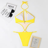 Solid Color One Piece Swimsuit Women 2026 Sexy Hollow Out Pearl Chain Bikini Halter Backless Thong Swimwear Beach Bathing Suit