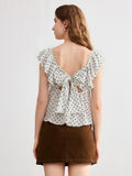 Women's Summer Tiered Cap Sleeve Crop Tops Dot Print V-Neck Cute Back Bow Babydoll Tee
