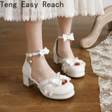 Women's White Pink Bowknot Single Sandals Ruffles High Heels Girls Student Mary Janes Lolita Party Dress Shoes Size 32-48 French