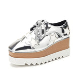 Luxury Stars Chunky Platform Brogue Shoes Women Lace Up Thick Sole Patent Leather Shoes Woman Non Slip Wedges Oxford Flats Mujer