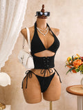 Sexy Black Plaid Print Holiday Bikinis Sets 2026 Women Bandage Cross Fishbone Top 3 Piece Swimsuit Summer Bathing Suit Swimwear