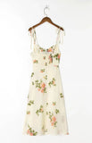 Spaghetti Strap Lace Up Beige Chiffon Summer Dress Sexy Slip Midi Sleeveless Dress Robe Big Flower Print Women Beach Dress Boho