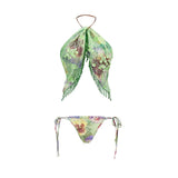 3Pcs Floral Bikini With Diamond Skirt Women Sexy Swimsuit Push Up Swimwear 2025 Bandeau Biquini Female Bathing Suit Beach Outfit