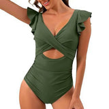 Women Monokini V-Neck Ruffle Sleeve One-Piece Swimsuit Solid Color High Waist Tummy Control Bathing Suit