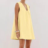 Women Summer Solid Color V Neck Loose Tank Dress Sleeveless Beach Mini Dresses with Pocket
