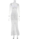 Ahagaga Elegant Lace Women Maxi Dresses Strapless Sheer Sexy Folds Solid Asymmetrical V-Neck Vestidos Robe Sheath Slim Fit Party