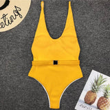 V Neck Ribbed High Leg Cut Women Swimwear One Piece Swimsuit Female Backless Monokini Bather Waist Belt Bathing Suit Swimwear