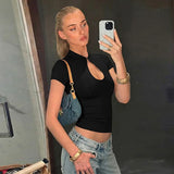 FDYOUI Fashion Stand Collar Button Hollow Out T-shirt for Women 2026 Sexy Short Sleeve Slim Cropped T Shirts Black Wine Red Tops