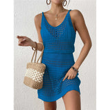 S - XL V Neck Hollow Out Crochet Knitted Tunic Beach Cover Up Cover-ups Beach Dress Mini Beach Wear Beachwear Female Women V7048