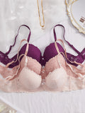 3Pcs Floral Lace Women's Underwear Set Daily Push-Up Bra Rhinestone Breathable Mesh Bra for Women