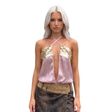 Women Gold Embellished Sheer Chiffon Open Front Camisole Summer Boho Sequin Halter Neck Crop Top for Party Festival