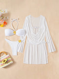 sexy white bandeau metal flower bikinis sets 3pcs with mesh long sleeve wrinkled tie mini dress swimsuit bathing suit biquini