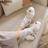 Cross Strap Women High Heels Mary Jane Pumps Wedding Party White Pink Lace Princess Lolita Single Sandals Shoes Large Size 31-48