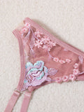 French Romantic Pink Satin Embroidered Lingerie Set Bra + Thong + Stockings Three-Piece Set