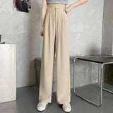 Women High Waist Straight Wide Leg Pants Solid Color Suit Pants Elastic Slant Pockets Loose Office Trousers