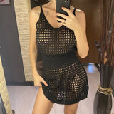 S - XL V Neck Hollow Out Crochet Knitted Tunic Beach Cover Up Cover-ups Beach Dress Mini Beach Wear Beachwear Female Women V7048